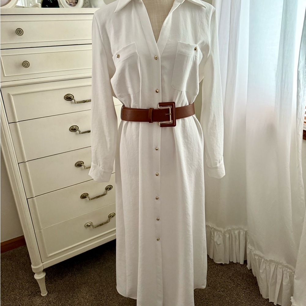 Zara White Pleated Long Sleeve Shirt Dress
